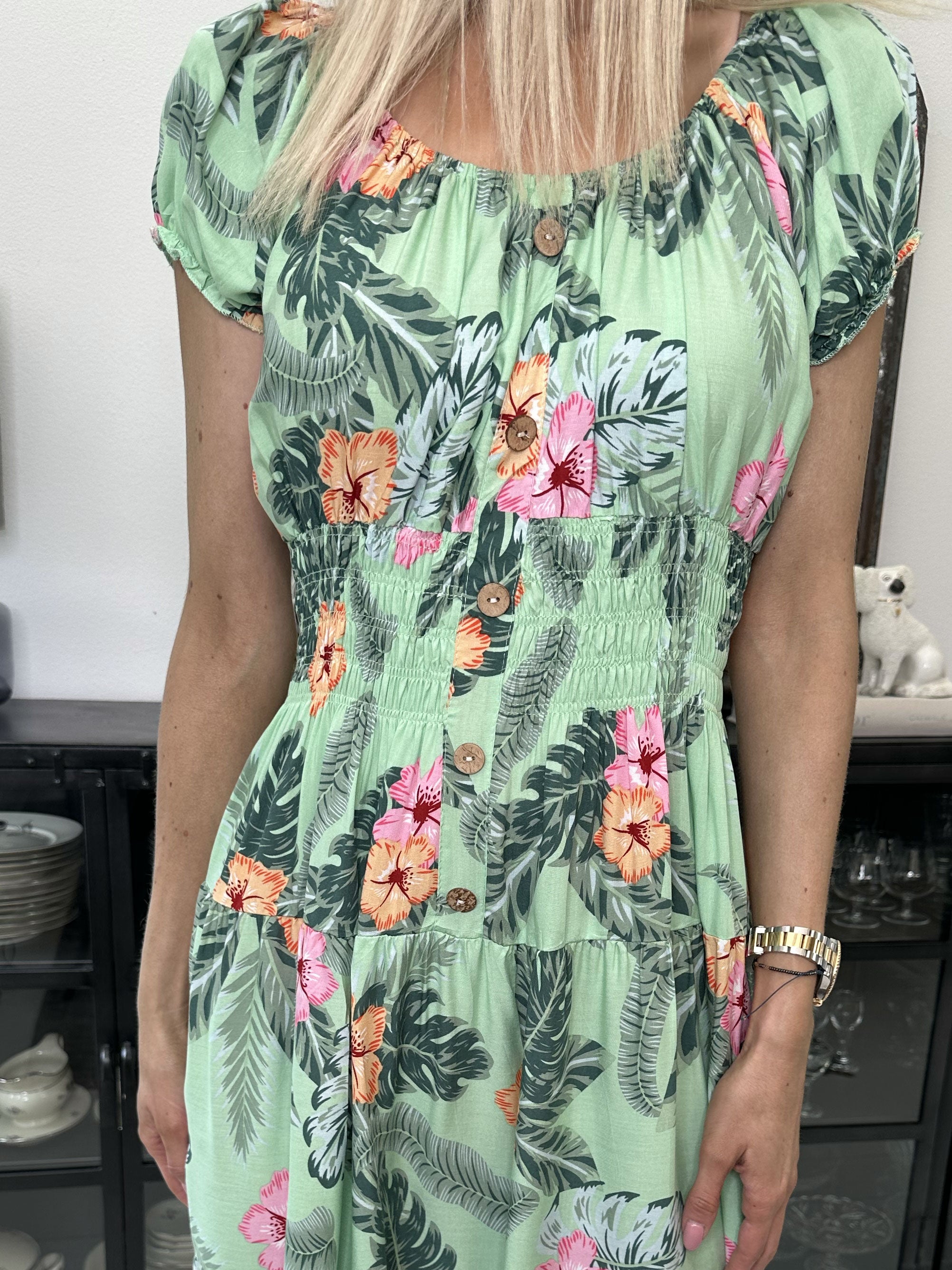 Finalia hawaii short - Sød kjole med hawaii blomster og elastik i taljen